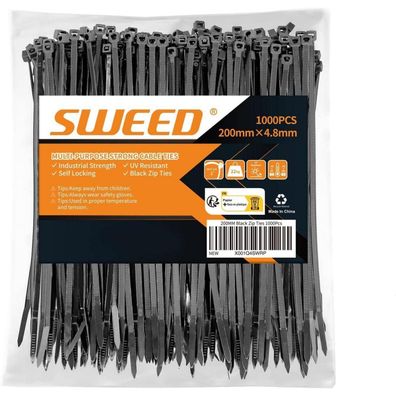 SWEED Kabelbinder Schwarz 200mm x 4.8mm, 1000 Stück, UV Beständig, 22kg