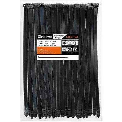 Oksdown Kabelbinder 300mm x 12mm, 100 Stück, Schwarz, UV-Beständig, 100 kg