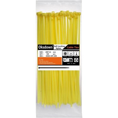 Oksdown Kabelbinder Gelb 100 Stück 200 mm x 3,6 mm UV-Beständig