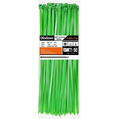Oksdown Kabelbinder 100 Stück Grün 200 mm x 3,6 mm UV-Beständig Nylon