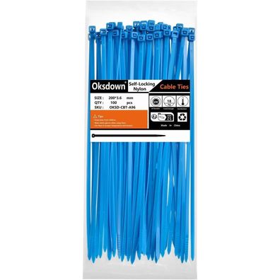 Oksdown Kabelbinder Blau 200 mm x 3,6 mm, 100 Stück, UV-Beständig, 18,2 kg