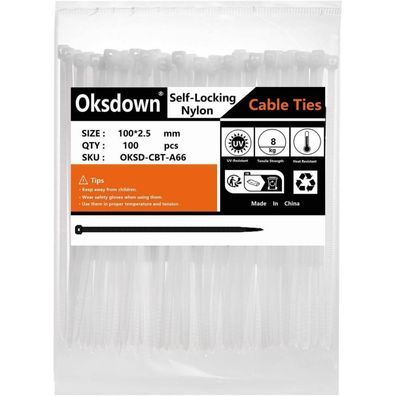 Oksdown Kabelbinder Weiß, 100 Stück, 100 mm x 2,5 mm, 8,1 kg Zugfestigkeit