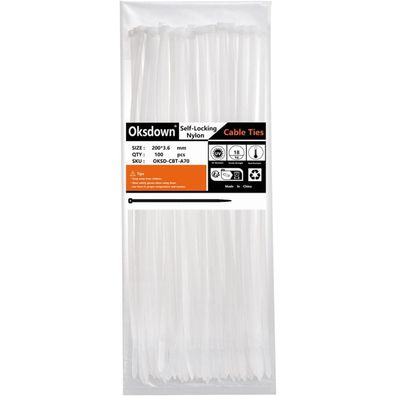 Oksdown Kabelbinder 100 Stück Weiß 200mm x 3,6mm, UV-Beständig, 18,2 kg