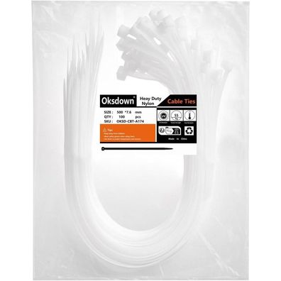 Oksdown Extra Stark Kabelbinder 500mm x 7,6mm, 100 Stück, Weiß, UV-Beständig