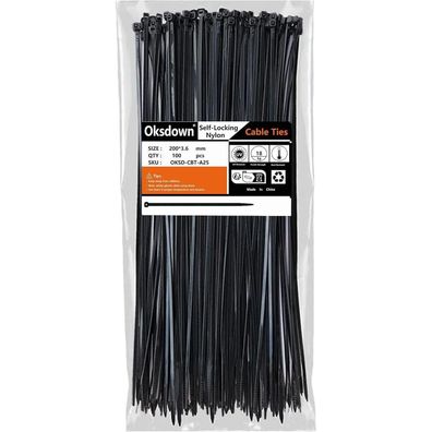 Oksdown Kabelbinder Schwarz 200mm x 3,6mm Nylon, 100 Stück, UV Beständig