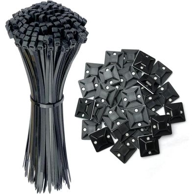 Oksdown 100 Stück schwarze Kabelbinder 250x3.6mm mit 60 Montage-Klebesockeln