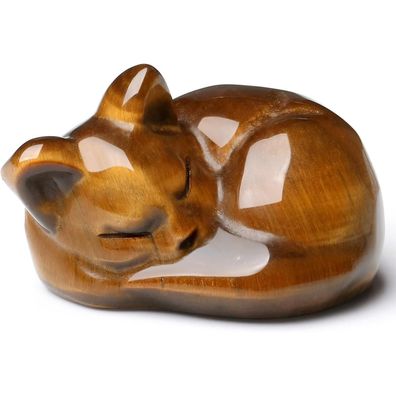 Qinjiejie Tigerauge Schlafende Katzenfigur Schmuckstein Statue Glück Kätzchen