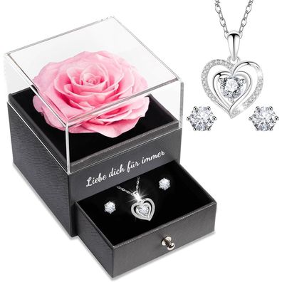 Sunia Ewige Echte Rose mit Herz Halskette & Ohrringen aus 925 Sterling Silber