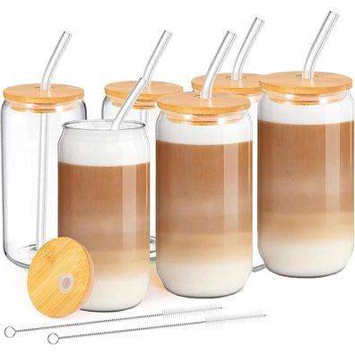 Meimucul 6er Set Dosenförmige Glasbecher 500ml mit Deckel und Strohhalm für