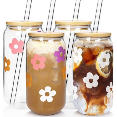 Bierdosenglas mit Deckel und Strohhalm, 590 ml, Dosenförmige Glasbecher für
