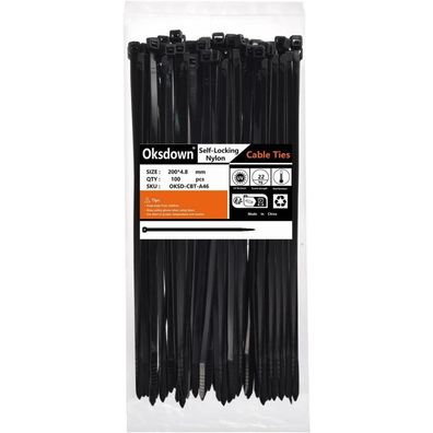 Oksdown Kabelbinder Schwarz 200mm x 4,8mm Nylon 100 Stück UV Beständig