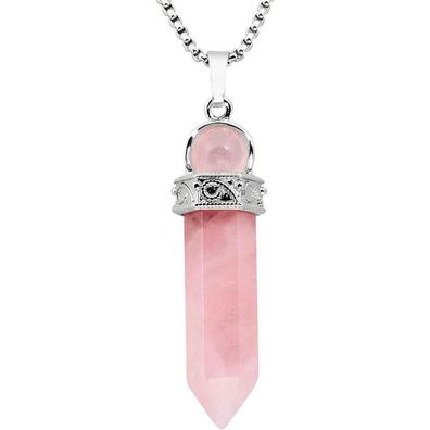 Kyeygwo Schmuckstein Punkt Anhänger Halskette Rosenquarz Hexagon Versilbert Reiki