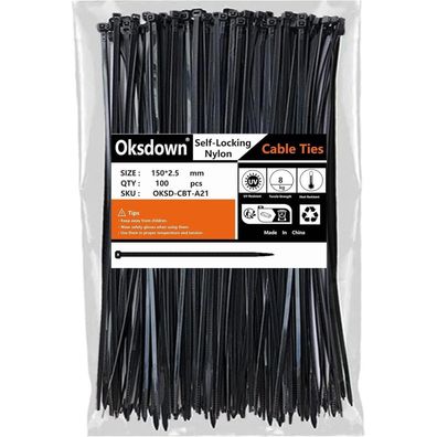 Oksdown Kabelbinder Schwarz 150 mm x 2,5 mm, 100 Stück, UV-Beständig, 8,1 kg