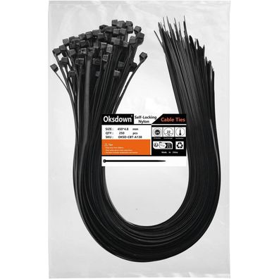 Oksdown Kabelbinder Schwarz 450mm x 4,8mm, UV Beständig, 22 kg Zugfestigkeit