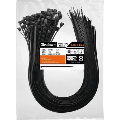 Oksdown Kabelbinder 450mm x 9mm, 100 Stück Schwarz, UV-Beständig, 80 kg