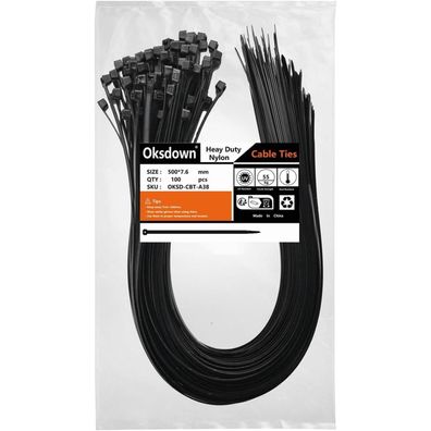 Oksdown Extra Starke Kabelbinder 500mm x 7.6mm Schwarz, 100 Stück