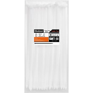 Oksdown 100 Stück Extra Starke Kabelbinder, 400mm x 9,0mm Weiß, UV-Beständig