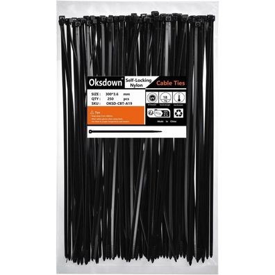 Oksdown Kabelbinder Schwarz 300mm x 3,6mm Nylon, UV Beständig, 250 Stück