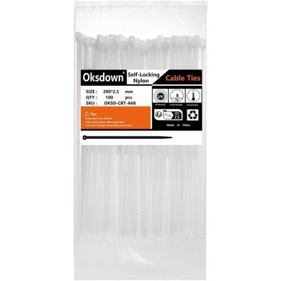 Oksdown Kabelbinder 100 Stück Weiß 200 mm x 2,5 mm UV-Beständig mit 8,1 kg