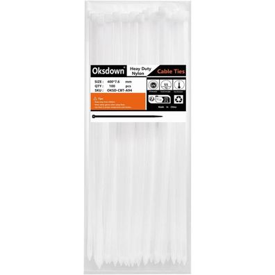 Oksdown Kabelbinder 400mm x 7.6mm, 100 Stück, Weiß, UV-Beständig, 50 kg