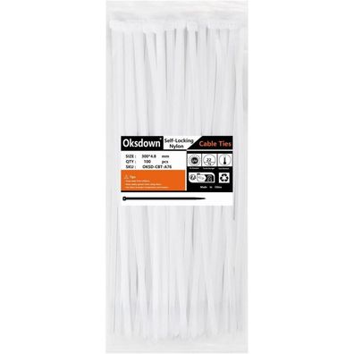 Oksdown Kabelbinder Weiß 300mm x 4,8mm Nylon, 100 Stück, UV Beständig