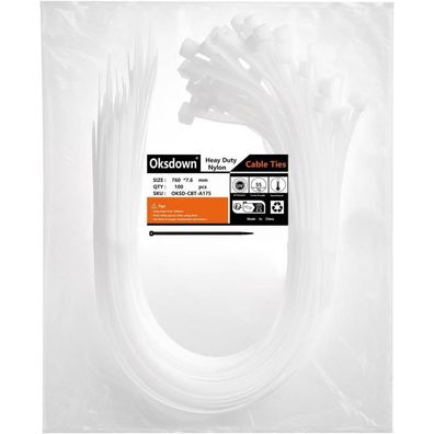 Oksdown Kabelbinder 760mm x 7,6mm Extra Stark Weiß 100 Stück UV-Beständig 55kg