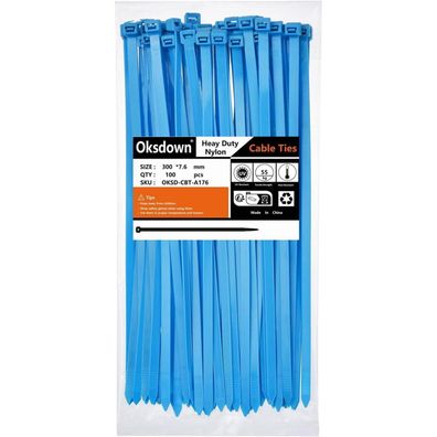 Oksdown Extra Starke Kabelbinder 300mm x 7,6mm Blau, 100 Stück, UV-Beständig
