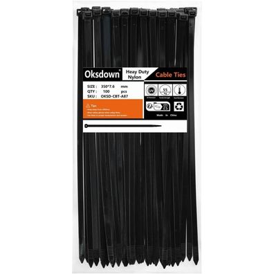 Oksdown Extra Starke Kabelbinder 350mm x 7.6mm Schwarz UV-Beständig, 100 Stück