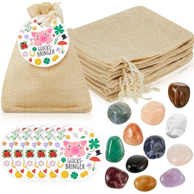 Otuuz 12er Set Glückssteine mit Jutesäckchen und Glücksschwein Anhängern für