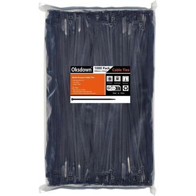 Oksdown Kabelbinder Schwarz 300mm x 3,6mm Nylon 1000 Stück UV Beständig