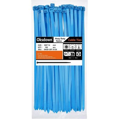 Oksdown Extra Starke Kabelbinder, 300mm x 7.6mm, 100 Stück, Blau, UV-Beständig