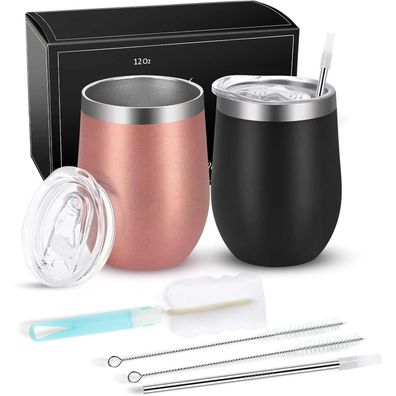 Joymaking 2 Stück Weinbecher Edelstahl Stemless mit Deckel, Doppelwandig
