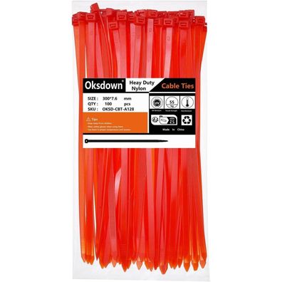 Oksdown 100 Stück Extra Starke Kabelbinder 300mm x 7,6mm Rot UV-Beständig 50 kg