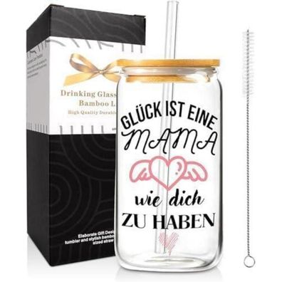 Geschenk für Mum: 500ml Glas Trinkbecher mit Deckel & Strohhalm - Perfekt für