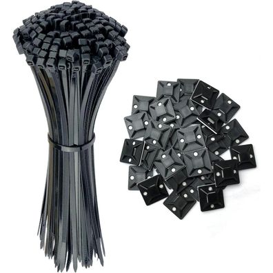 Oksdown 100 Stück schwarze Kabelbinder 350x4.8mm mit 60 Montagesockeln 25x25mm