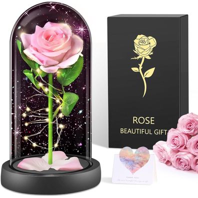BOLEi Ewige Rose im Glas mit LED für Frauen, Mama, Freundin - Rosa