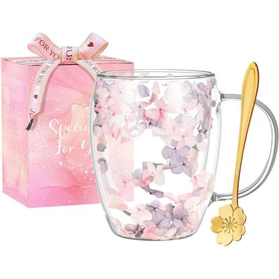 Arefen Doppelwand Glas Kaffeetasse mit Griff, gefüllt mit getrockneten Blumen