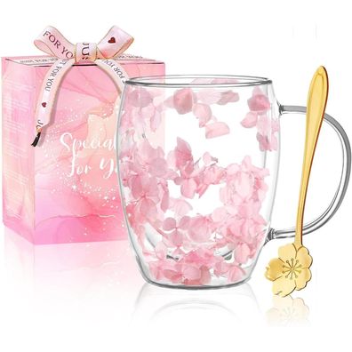 Arefen Doppelwand Glas Kaffeetasse mit Griff, gefüllt mit getrockneten Blumen