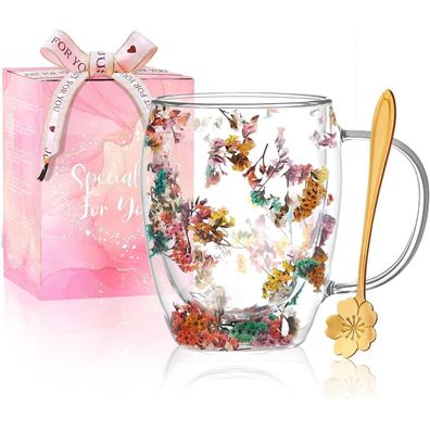 Arefen Doppelwandige Glastasse mit Griff und getrockneten Blumen, 280ml