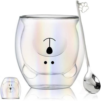 Binoster Doppelwandiger Glasbecher mit Kawaii-Bär Motiv, 230-280 ml, Ideal für