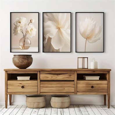Uixxducc 3-teiliges Boho Blumen Poster Set, Beige Aesthetic Wandbilder für