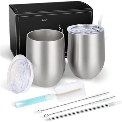 Joymaking 2er Set Edelstahl Weinbecher, stemless, doppelwandig, mit Deckel