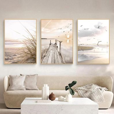 Uixxducc 3-teiliges Aesthetic Poster Set Natur Küstenstrand Seevogel-Szenerie