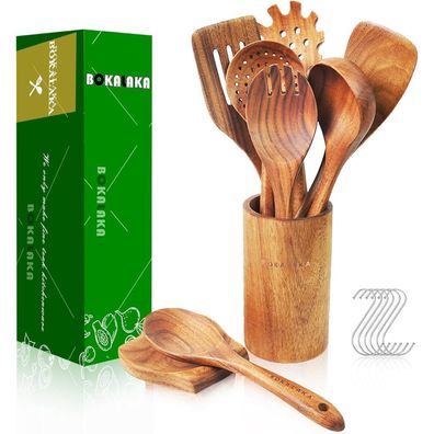 Bokalaka 9-teiliges Kochutensilien-Set aus 100% natürlichem Teakholz