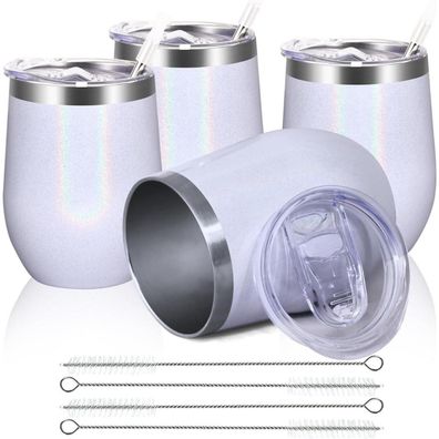 Joymaking 4er Set Edelstahl Weinbecher, 12oz Stemless Becher mit Deckel
