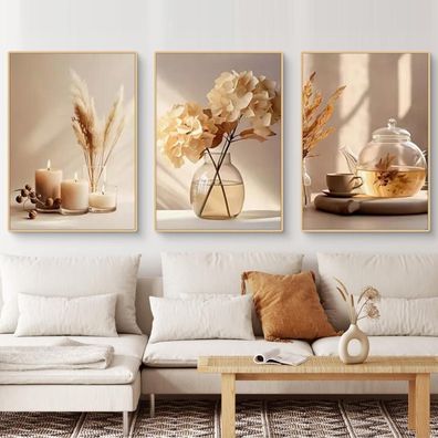 Uixxducc 3-teiliges Boho Blumen Poster Set Beige Ästhetik Wandbilder für