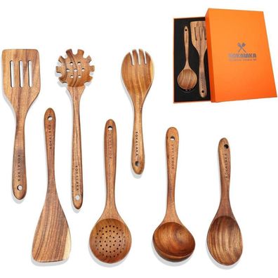 Bokalaka 7-teiliges Kochlöffel-Set aus Teakholz, natürliche Küchenutensilien