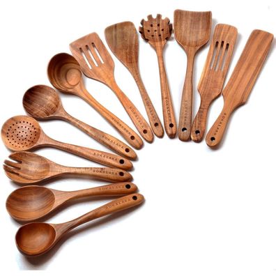 Bokalaka 12tlg. Kochutensilien Set aus Teakholz - Natürliche Holzkochlöffel