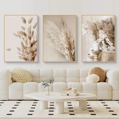 Uixxducc 3er Boho Poster Set Ästhetik Beach Landschaft Bilder Beige Reed Pampas