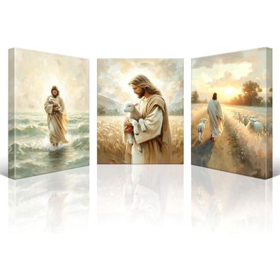 Artscope 3-teiliges Leinwandbild: Jesus bewacht das Lamm, religiöser